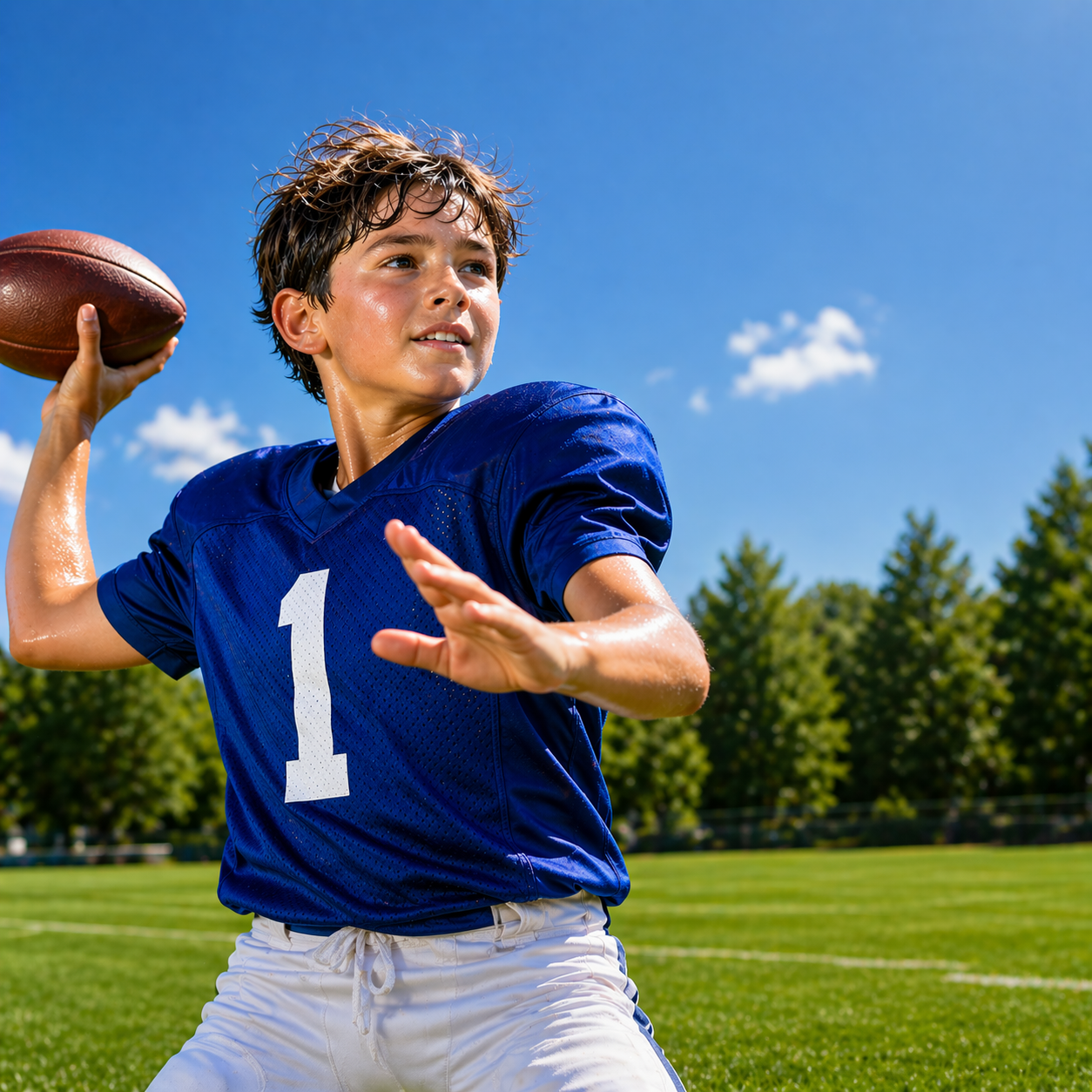 Child in a blue sports jersey holding a football on a grassy field with trees and blue sky.