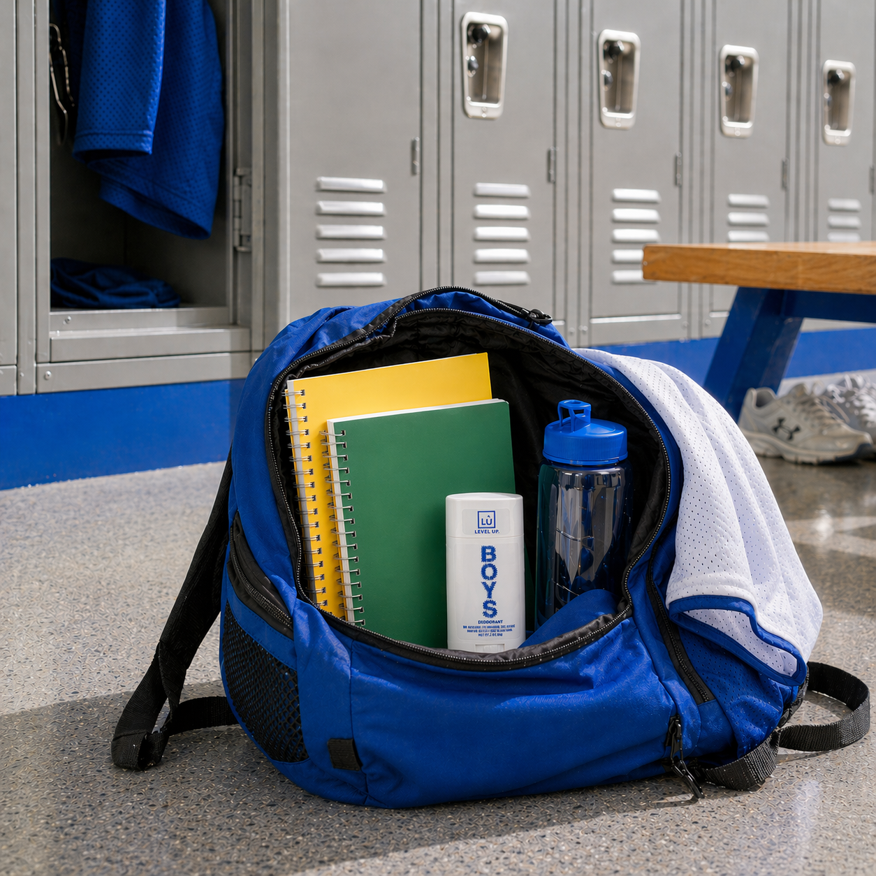 Blue backpack with school supplies and level up deodorant in front of gray lockers in locker room