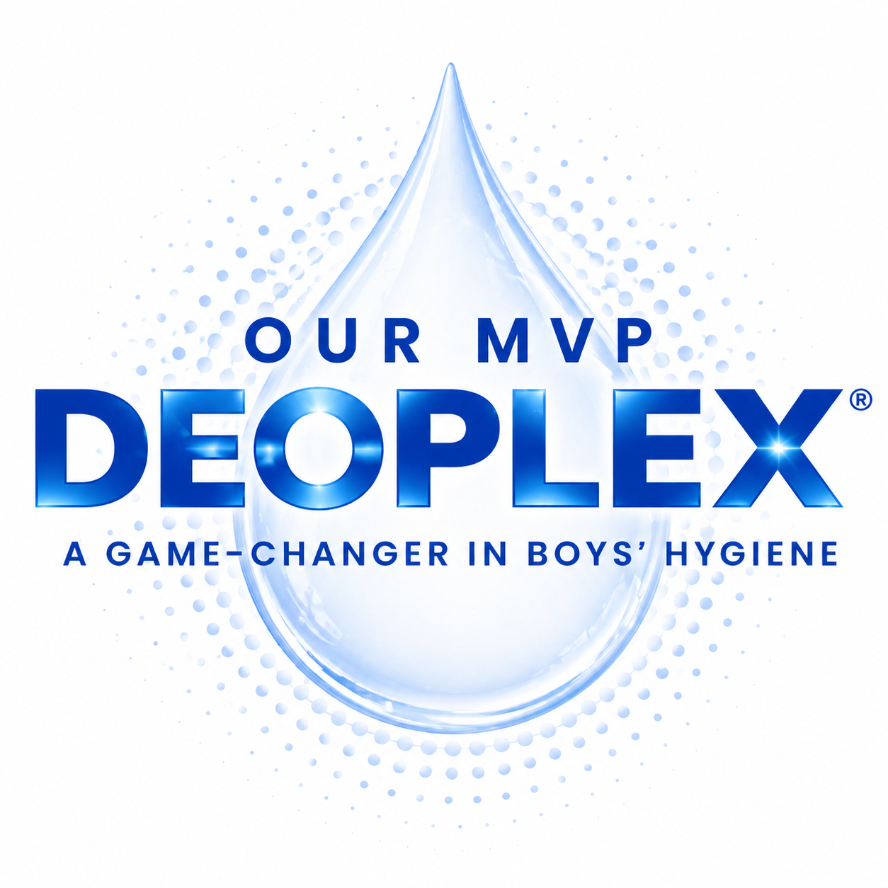 Deoplex odor fighting ingredient graphic with blue water droplet, described as a game-changer in boys' hygiene.