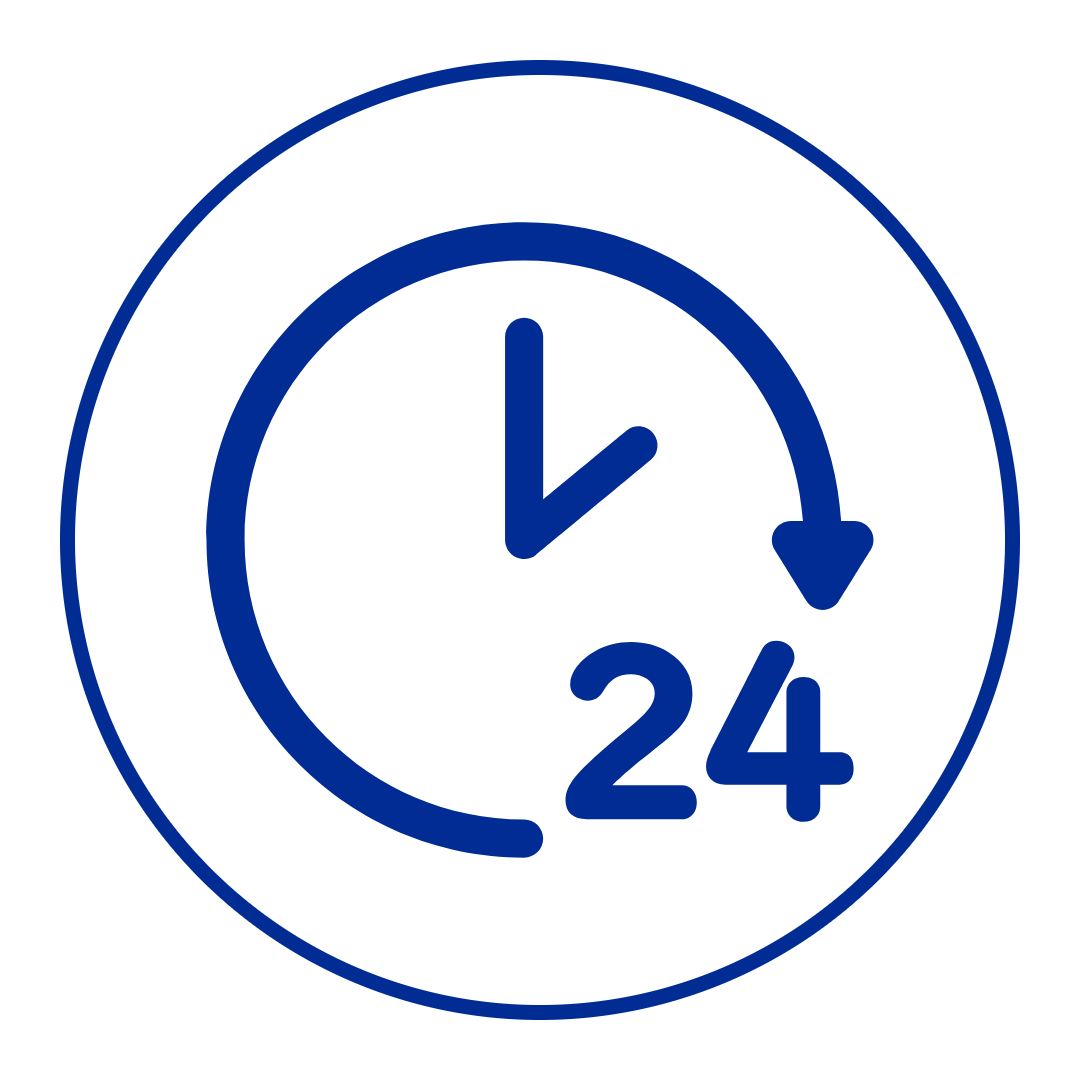 Blue clock icon with '24' inside a circle on a white background representing 24 hour odor protection