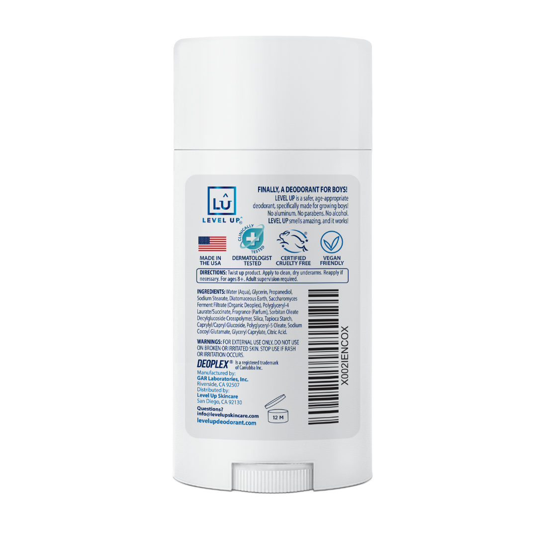 Back label of Level Up Boys Deodorant, showing ingredients, directions and product details.