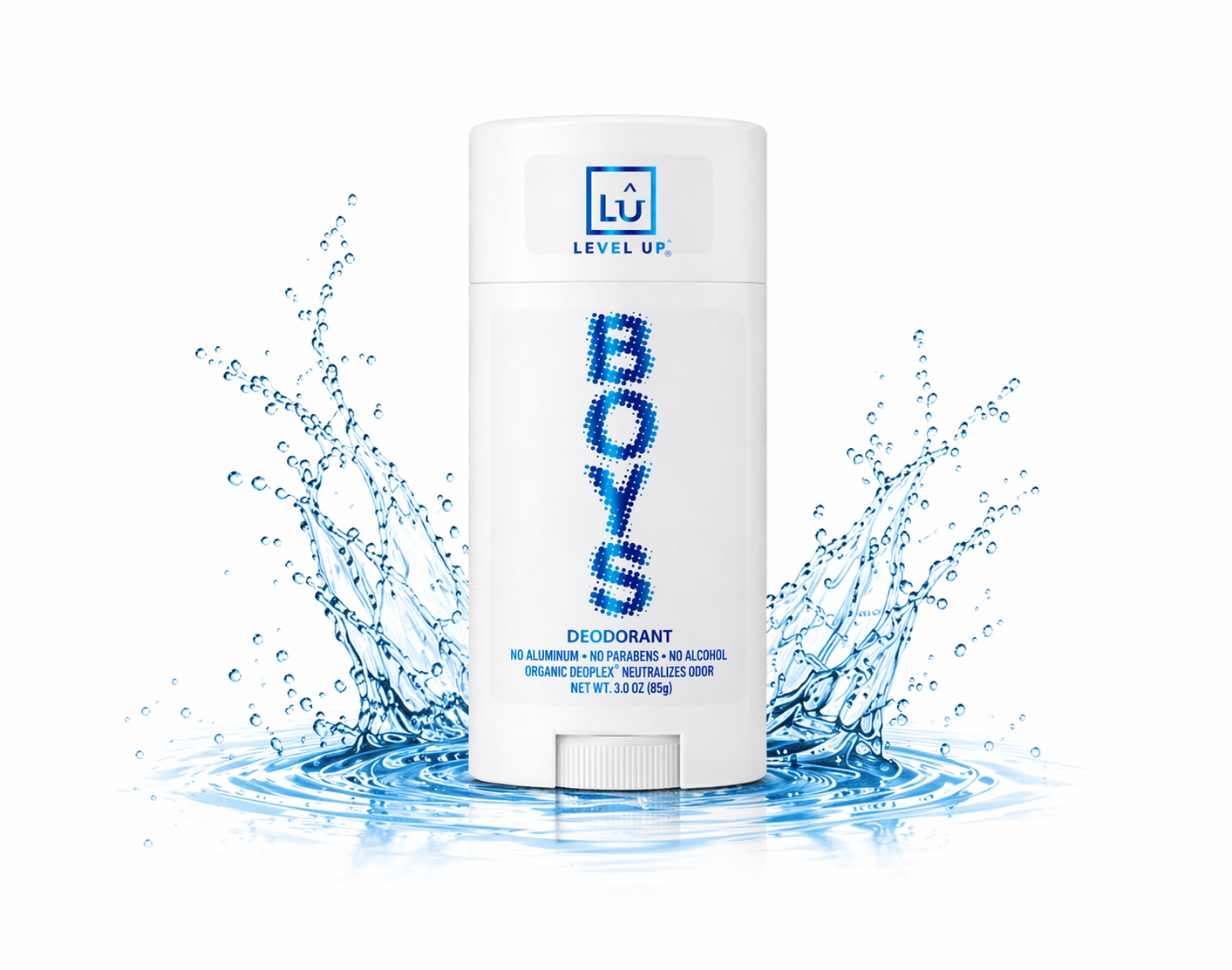 Level Up deodorant stick with blue water splash in background.