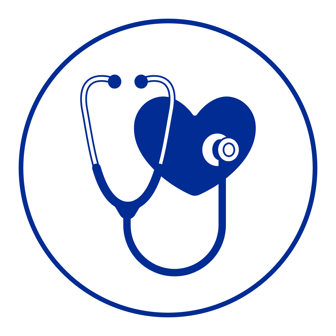 Blue stethoscope and heart icon inside a blue circle on a white background