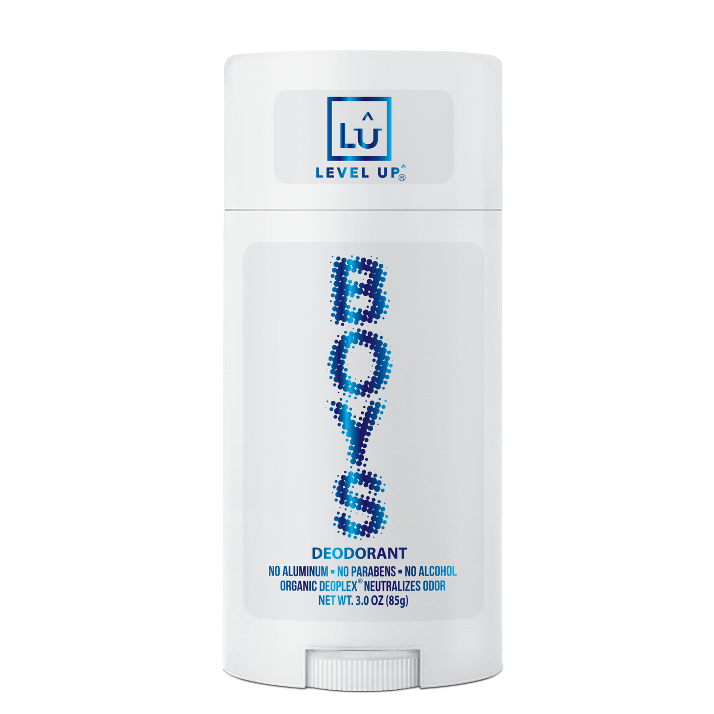 A stick deodorant with the word 'BOYS' prominently displayed, indicating it is designed for boys, with the brand 'LEVEL UP' at the top.