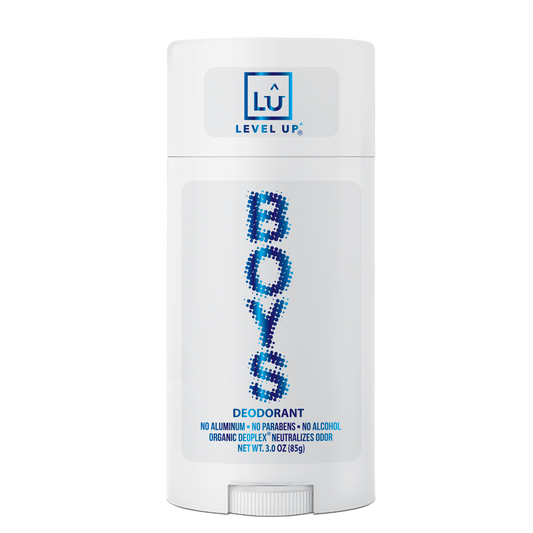 A stick deodorant with the word 'BOYS' prominently displayed, indicating it is designed for boys, with the brand 'LEVEL UP' at the top.