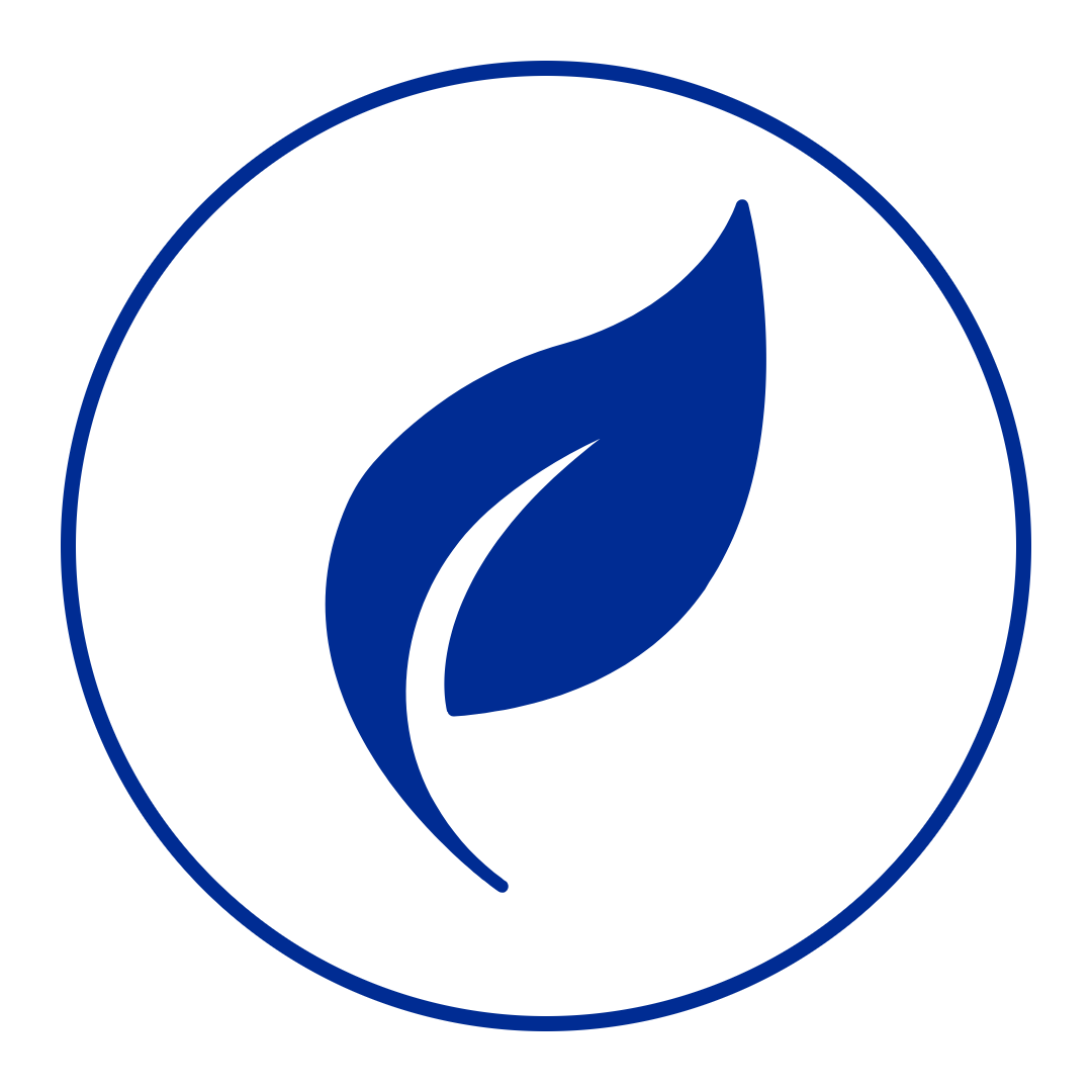 Blue leaf symbol inside a blue circle on a white background