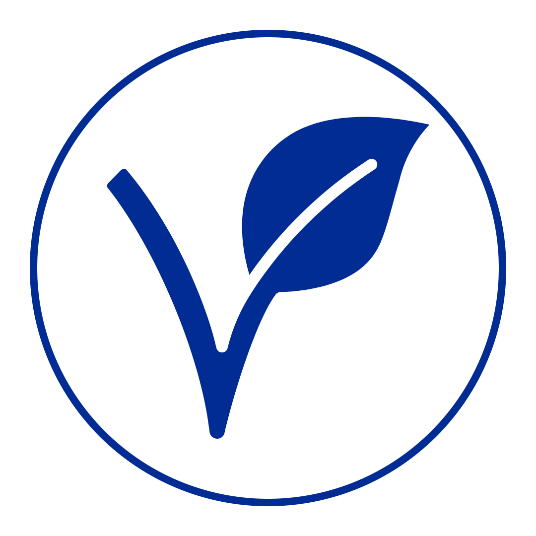Blue leaf symbol inside a circle on a white background representing a Vegan product